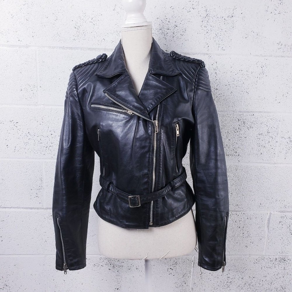 Vintage 1980's Bermans Leather Motorcycle Biker Black Jacket Women's Size 10